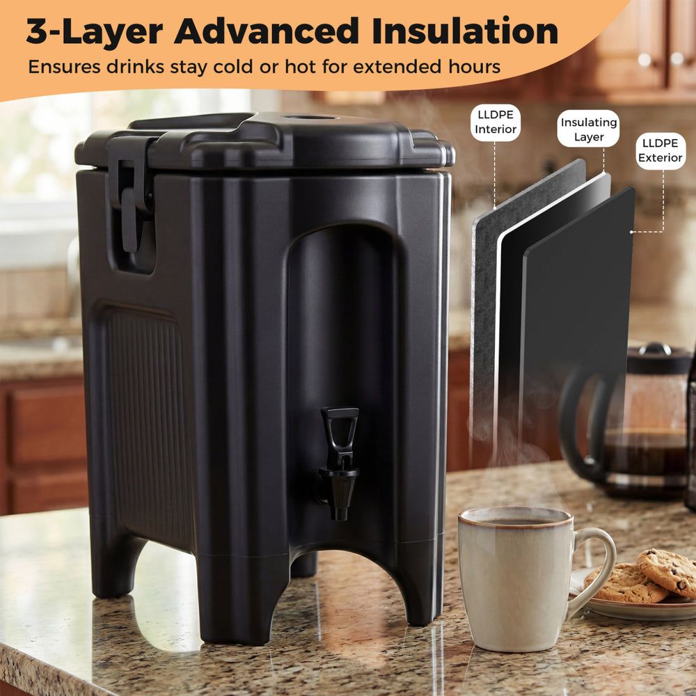 Insulated beverage dispenser with ergonomic handles, 4.4 gallons capacity, designed for hot and cold drinks, ideal for.