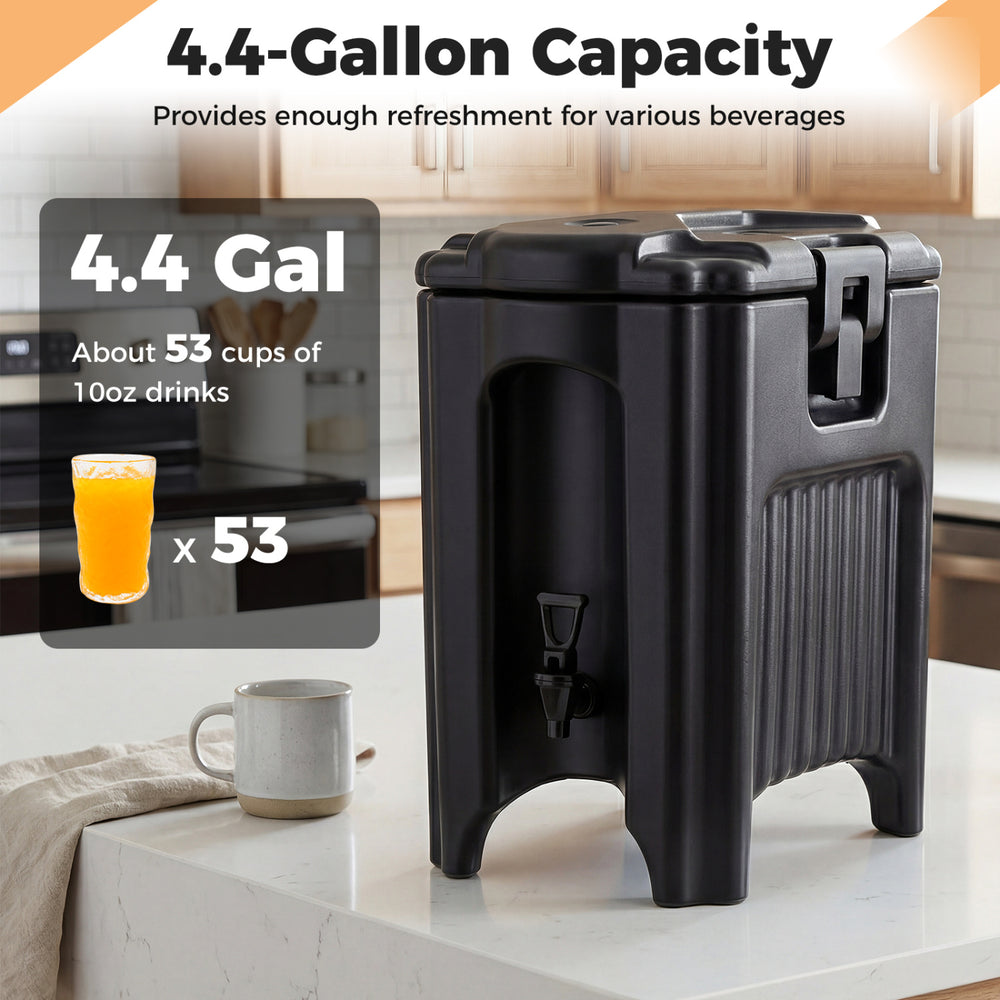 4.4-gallon insulated beverage dispenser in black with ergonomic handles, ideal for parties and outdoor events.