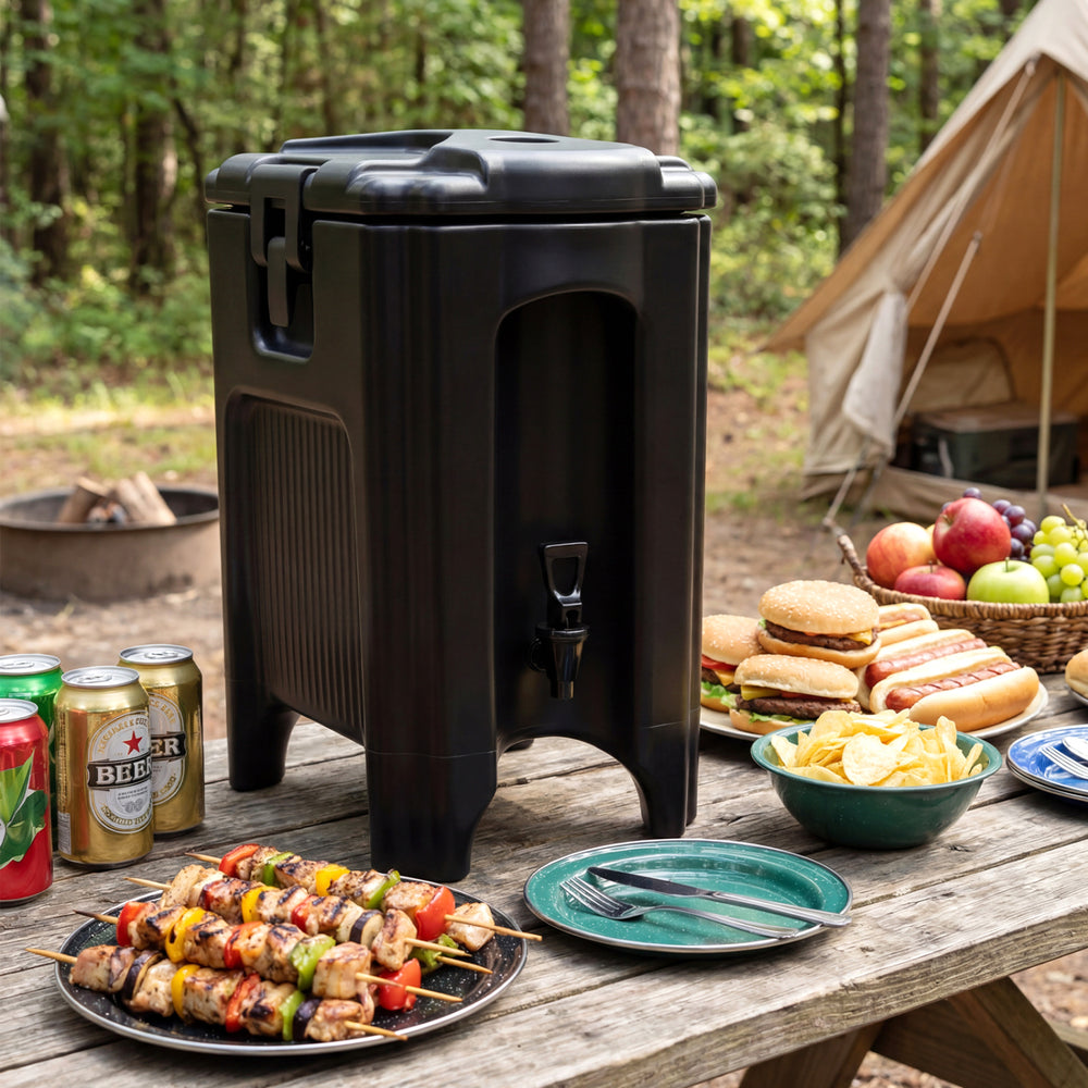 Insulated black beverage dispenser with handles and drip-proof faucet, ideal for outdoor gatherings and picnics.