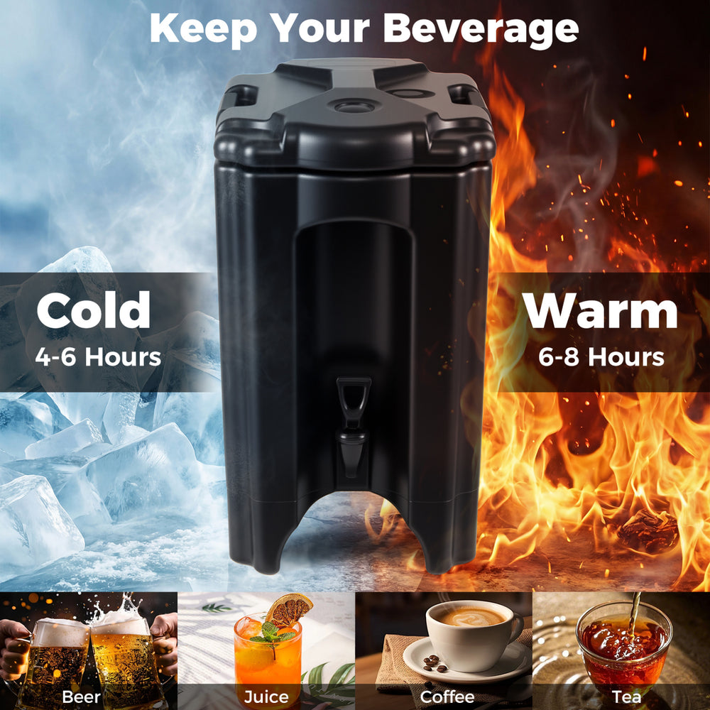 Insulated 4.4-gallon beverage dispenser in black with handles and drip-proof faucet, ideal for keeping drinks cold or.