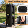 Stacked black insulated beverage dispensers with built-in handles and drip-proof faucet for outdoor events.