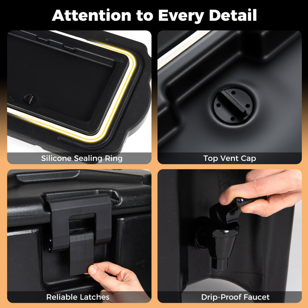 Insulated beverage dispenser features a drip-proof faucet, silicone sealing ring, and reliable latches for easy use.
