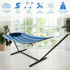 Hammock chair stand set with soft cotton fabric, stable steel frame, and pillow, perfect for indoor or outdoor.