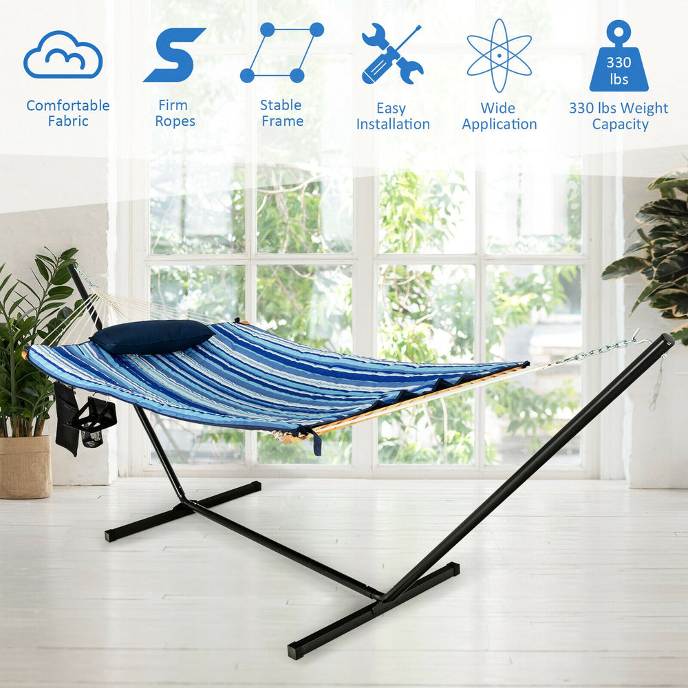 Hammock chair stand set with soft cotton fabric, stable steel frame, and pillow, perfect for indoor or outdoor.