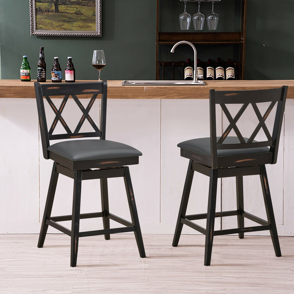 2 Pieces 24 Inch Swivel Counter Height Barstool Set with Rubber Wood Legs-Black - Gallery View 1 of 11