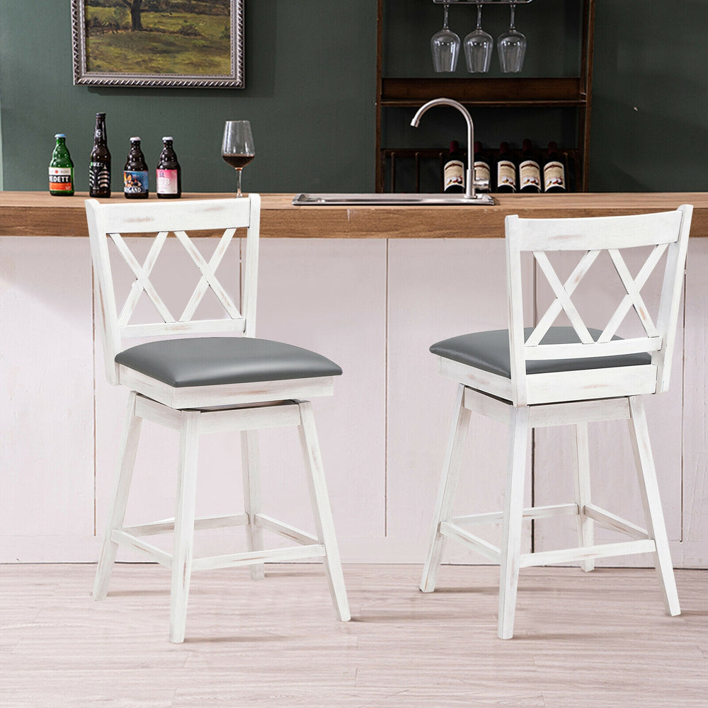 2 Pieces 24 Inch Swivel Counter Height Barstool Set with Rubber Wood Legs-White - Gallery View 1 of 11