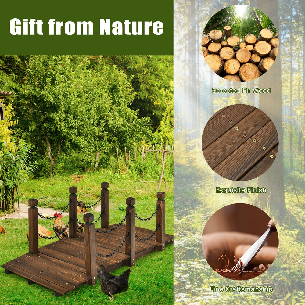 5 feet wooden garden bridge with stained finish and safety rails, perfect for enhancing outdoor spaces.