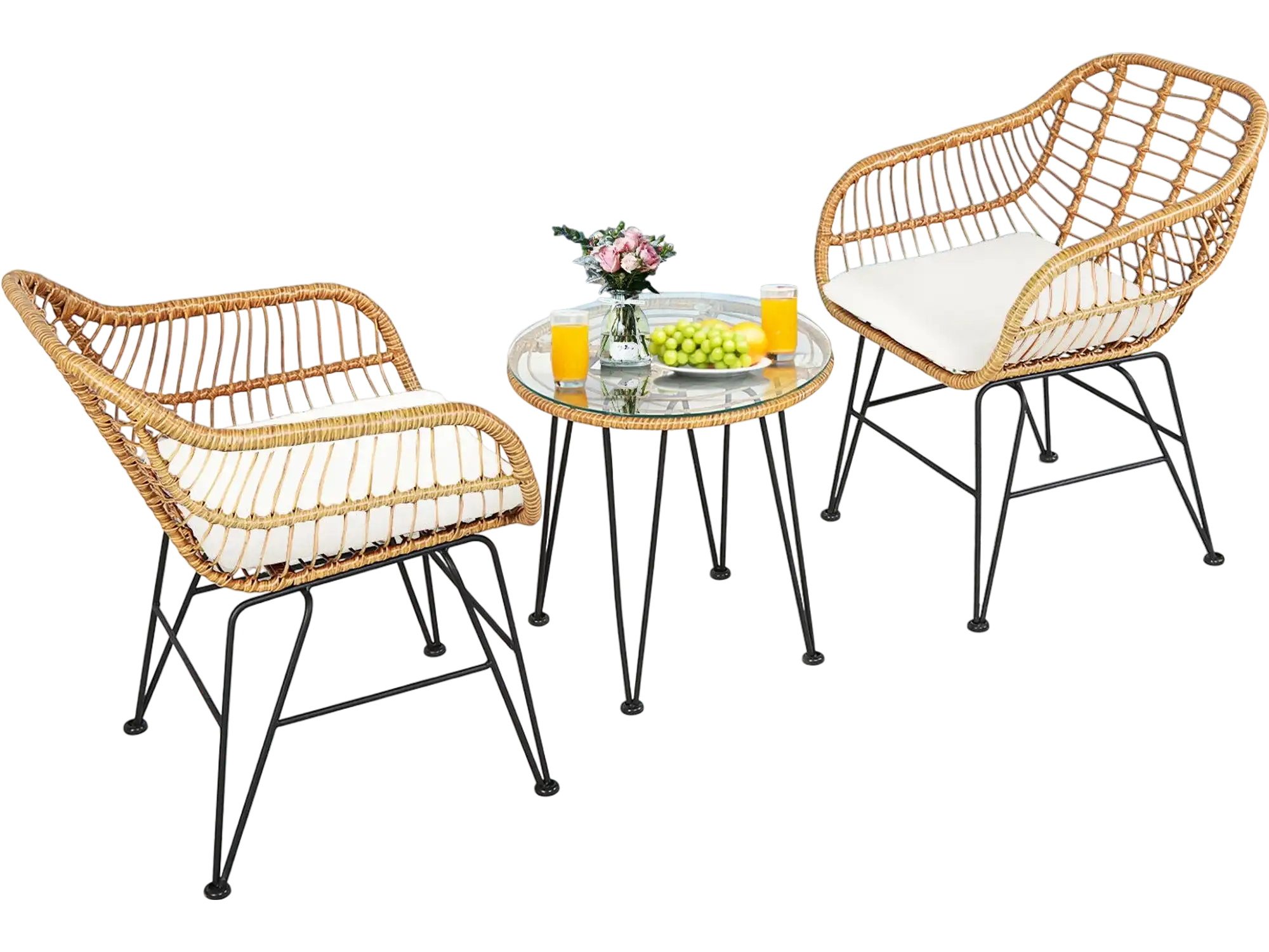 Costway 3-Piece Rattan Patio Furniture Set Cushioned Chairs Table White 84250169 New
