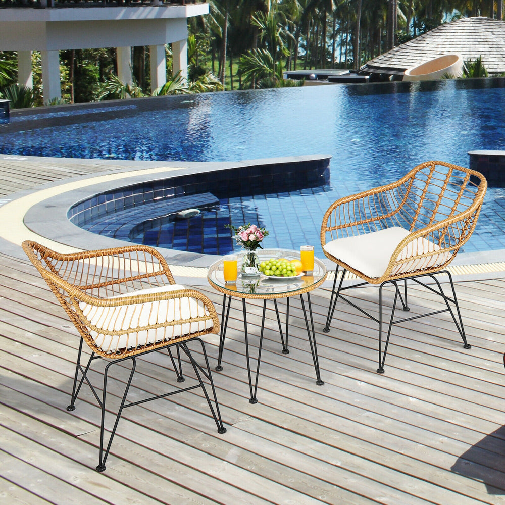3 Pieces Rattan Furniture Set with Cushioned Chair Table-White - Gallery View 1 of 12