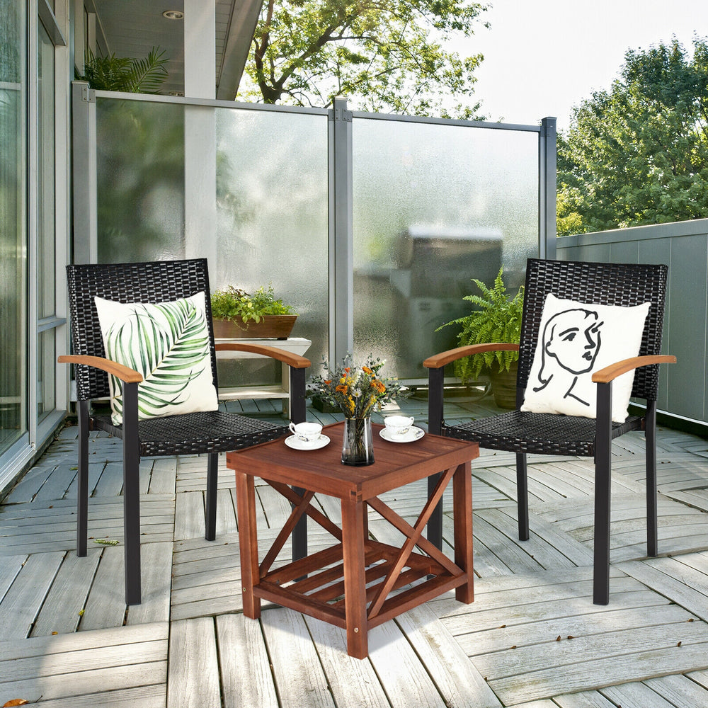 Two outdoor patio chairs with mix-brown PE rattan and acacia wood armrests, perfect for backyard relaxation.