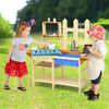 Kid's outdoor wooden pretend cook kitchen playset made of natural fir wood, featuring a sink and open shelves for.