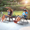 Folding recliner lounge chair with shade canopy and cup holder, perfect for outdoor relaxation in brown.