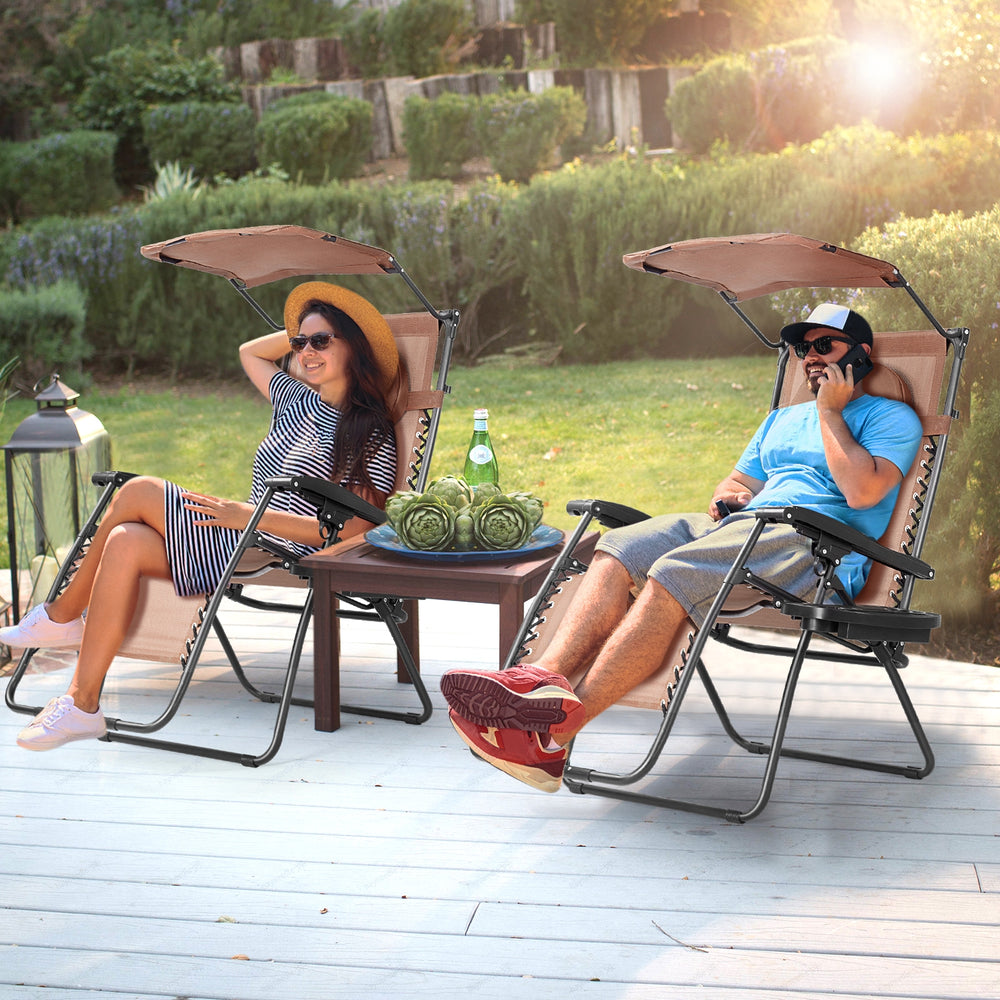 Folding Recliner Lounge Chair with Shade Canopy Cup Holder-Brown - Gallery View 1 of 9