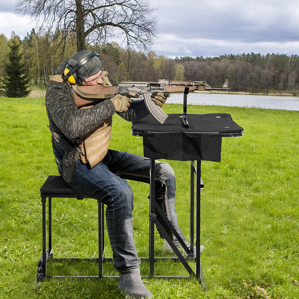 Foldable shooting bench with adjustable height, durable steel frame, and 24" x 24" platform for outdoor shooting.