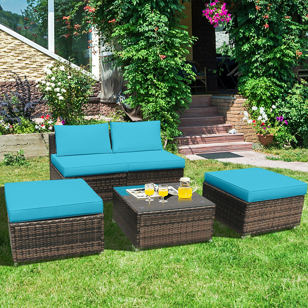 5 Pieces Patio Rattan Furniture Set with Cushioned Armless Sofa-Turquoise - Gallery View 1 of 12