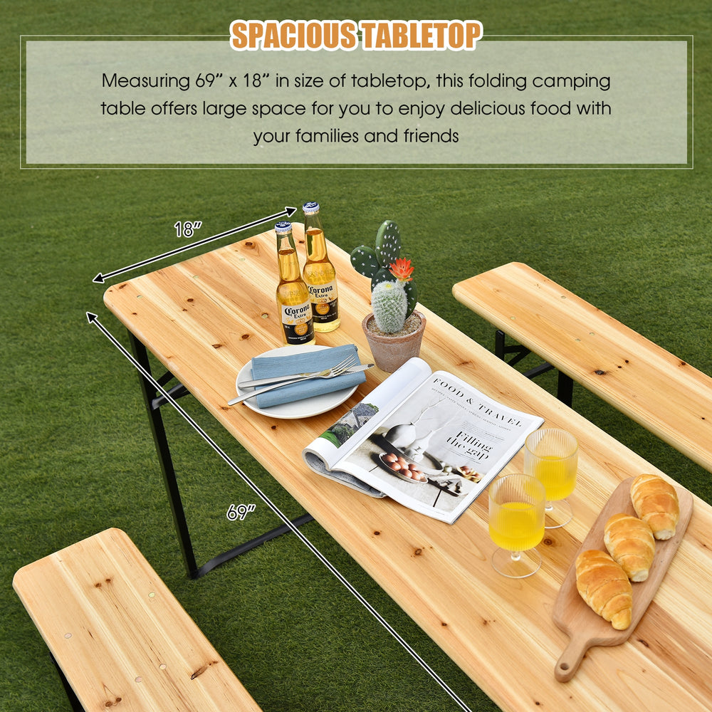 Folding wooden picnic table set with spacious 69" x 18" tabletop, featuring natural wood grain for indoor and outdoor.