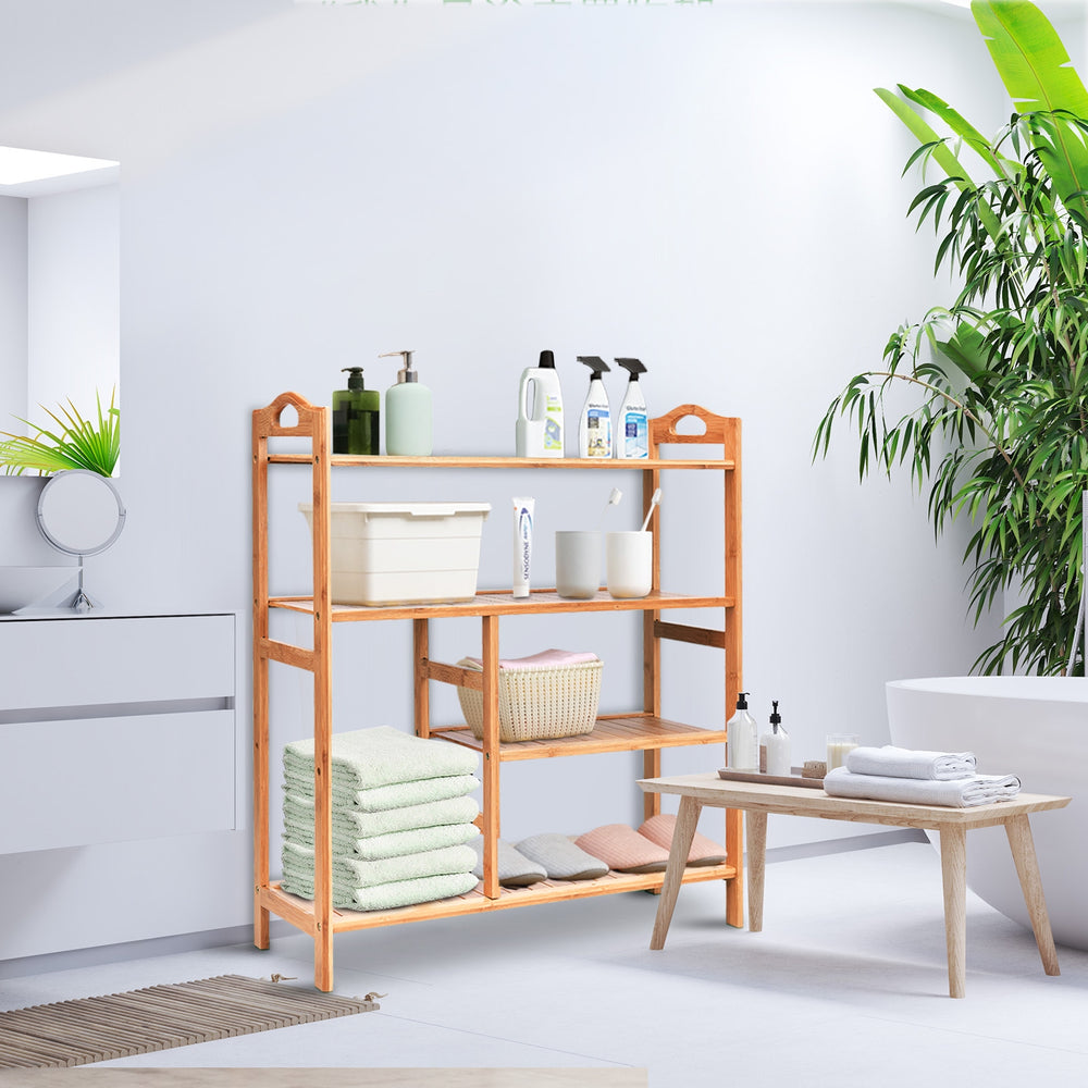 Multifunction bamboo storage shoe rack with four tiers, ideal for entryway or bathroom organization and easy to move.