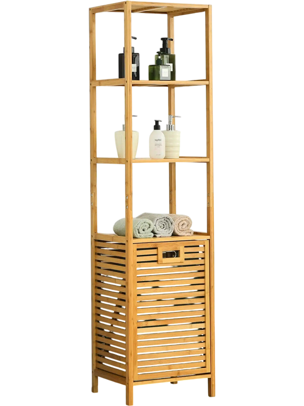 Bamboo tower hamper organizer with 3-tier shelves for bathroom storage, featuring a tilt-out laundry compartment.
