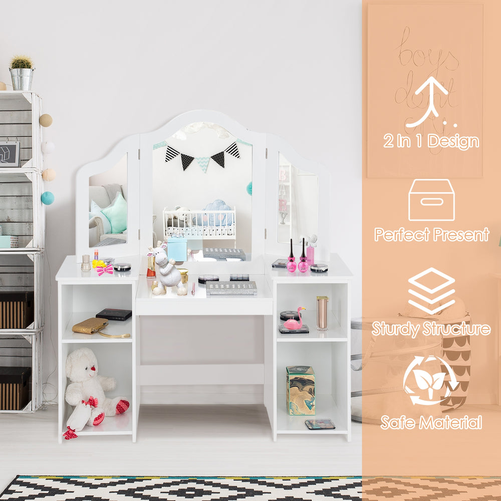 Kids tri-folding mirror makeup dressing vanity table set in white with four storage compartments for safe and stylish.