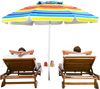 Colorful 7.2ft beach umbrella with tilt mechanism and sand anchor, providing shade for outdoor relaxation by the sea.