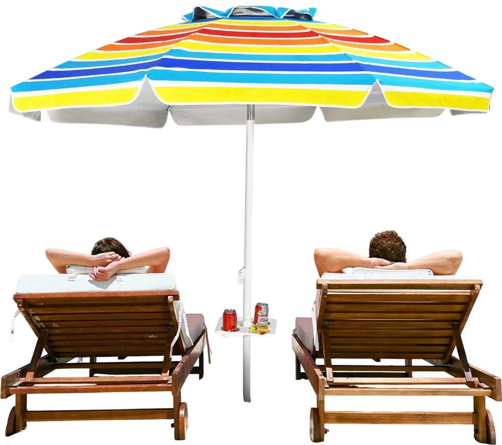 Colorful 7.2ft beach umbrella with tilt mechanism and sand anchor, providing shade for outdoor relaxation by the sea.