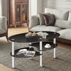 Oval black tempered glass coffee table with two bottom shelves, ideal for living room storage and elegant decor.