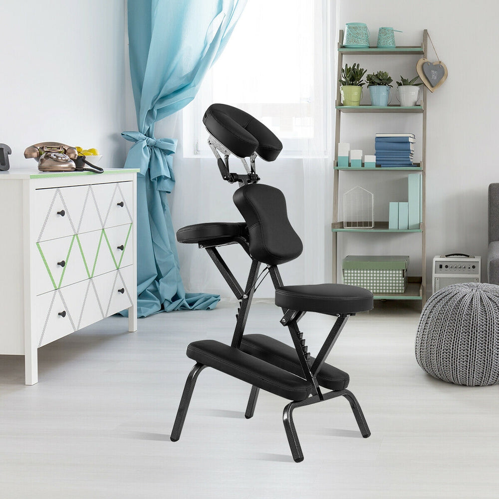 Foldable PU leather massage chair with adjustable pads and durable aluminum frame, ideal for travel and easy storage.