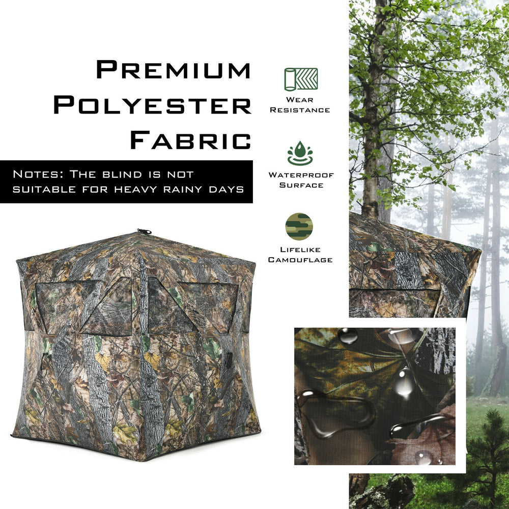 3-person portable pop-up hunting blind in camouflage, featuring waterproof polyester fabric and multiple windows for.