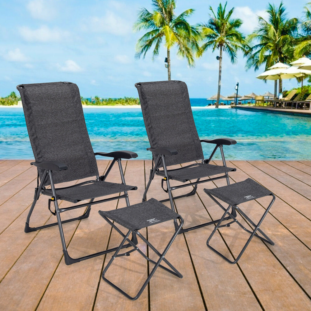 Patio adjustable back folding dining chair and ottoman set in gray, perfect for outdoor relaxation by the poolside.