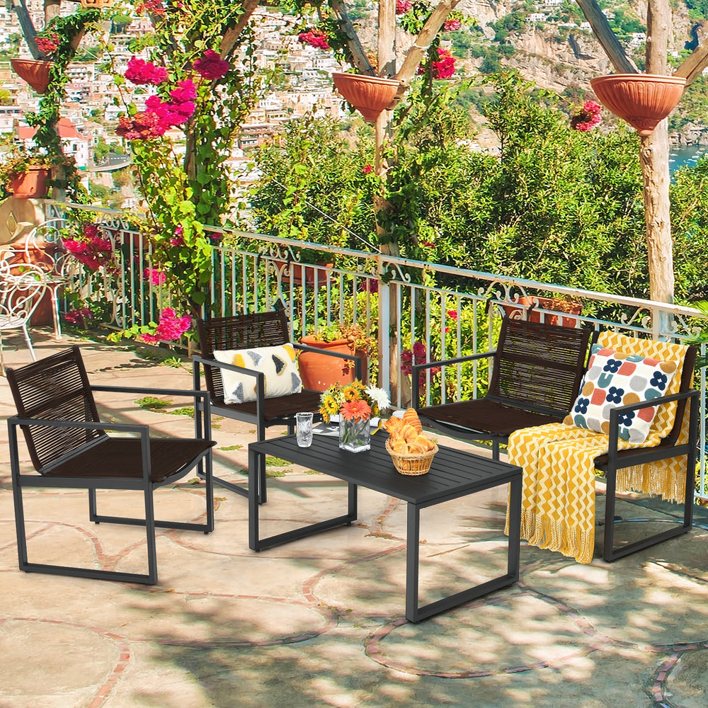 Patio conversation set featuring four pieces with ergonomic backrests, ideal for backyard or balcony relaxation.