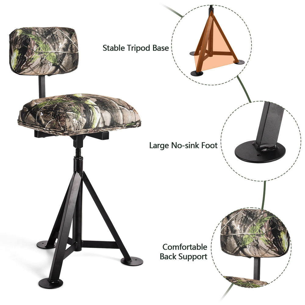 Swivel hunting chair with detachable backrest, sturdy steel frame, and large no-sink foot pads for outdoor stability.