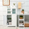 White bathroom floor storage locker with tempered glass doors and adjustable shelf for organized storage.