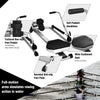 Adjustable double hydraulic resistance rowing machine with cushioned seat and non-slip foot pedals for home workouts.