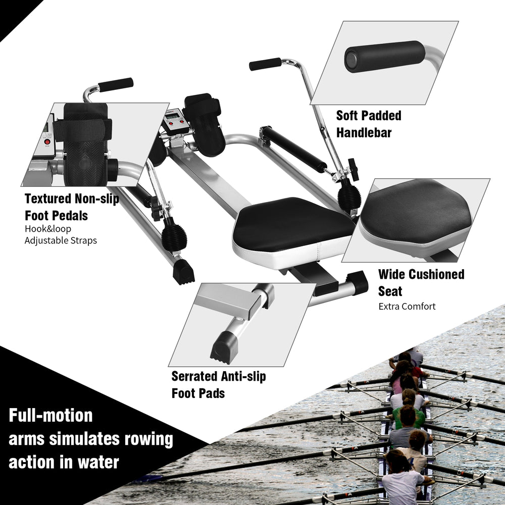 Adjustable double hydraulic resistance rowing machine with cushioned seat and non-slip foot pedals for home workouts.