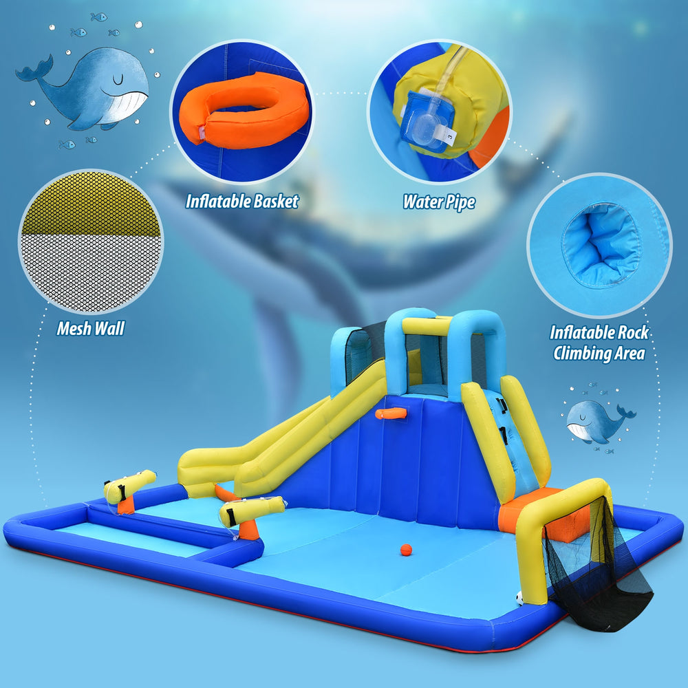 Colorful 6-in-1 inflatable water slide jumping house with climbing area, water sprinkle, and mesh walls for kids' fun.