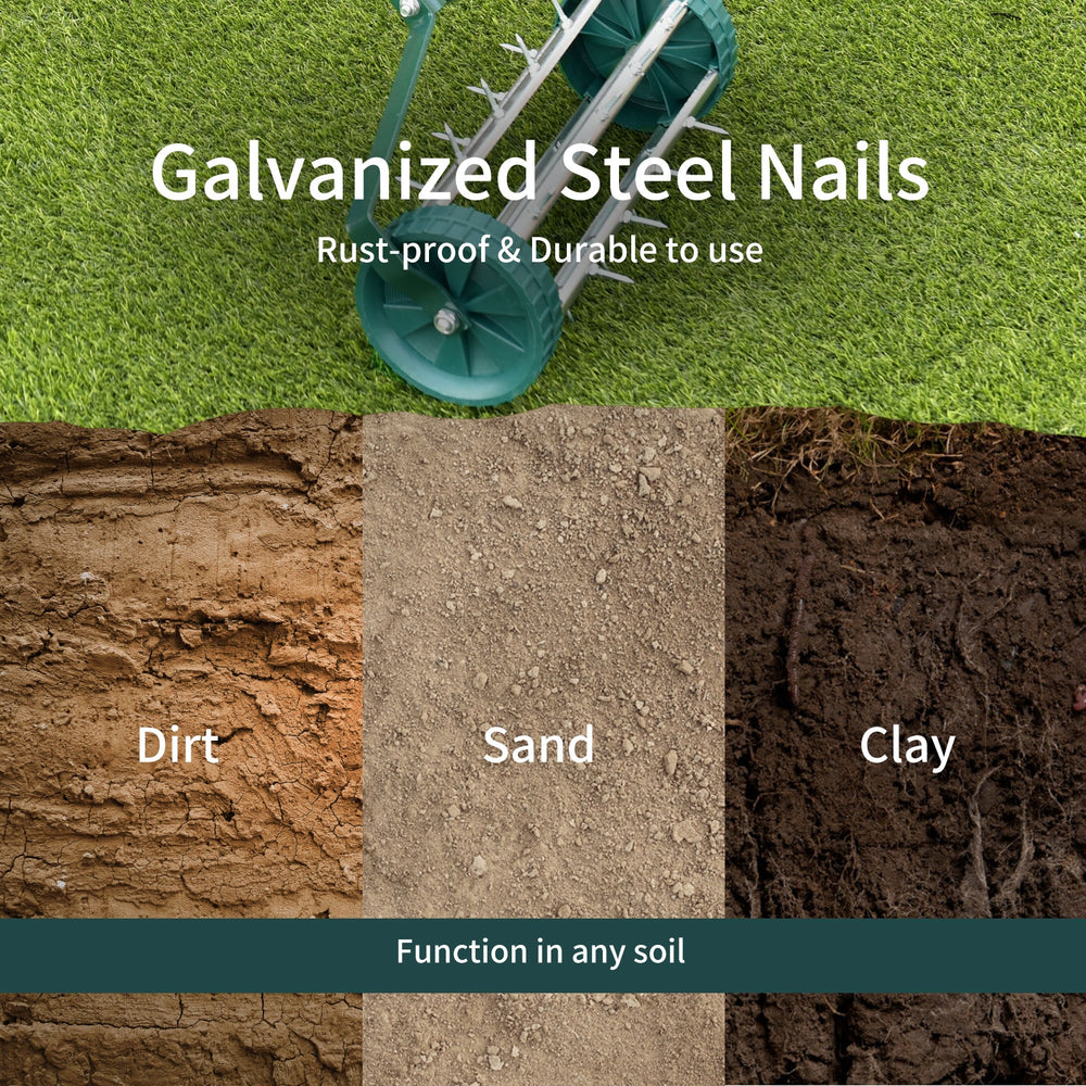 18-inch rolling lawn aerator with galvanized steel nails, designed for efficient aeration in any soil type.