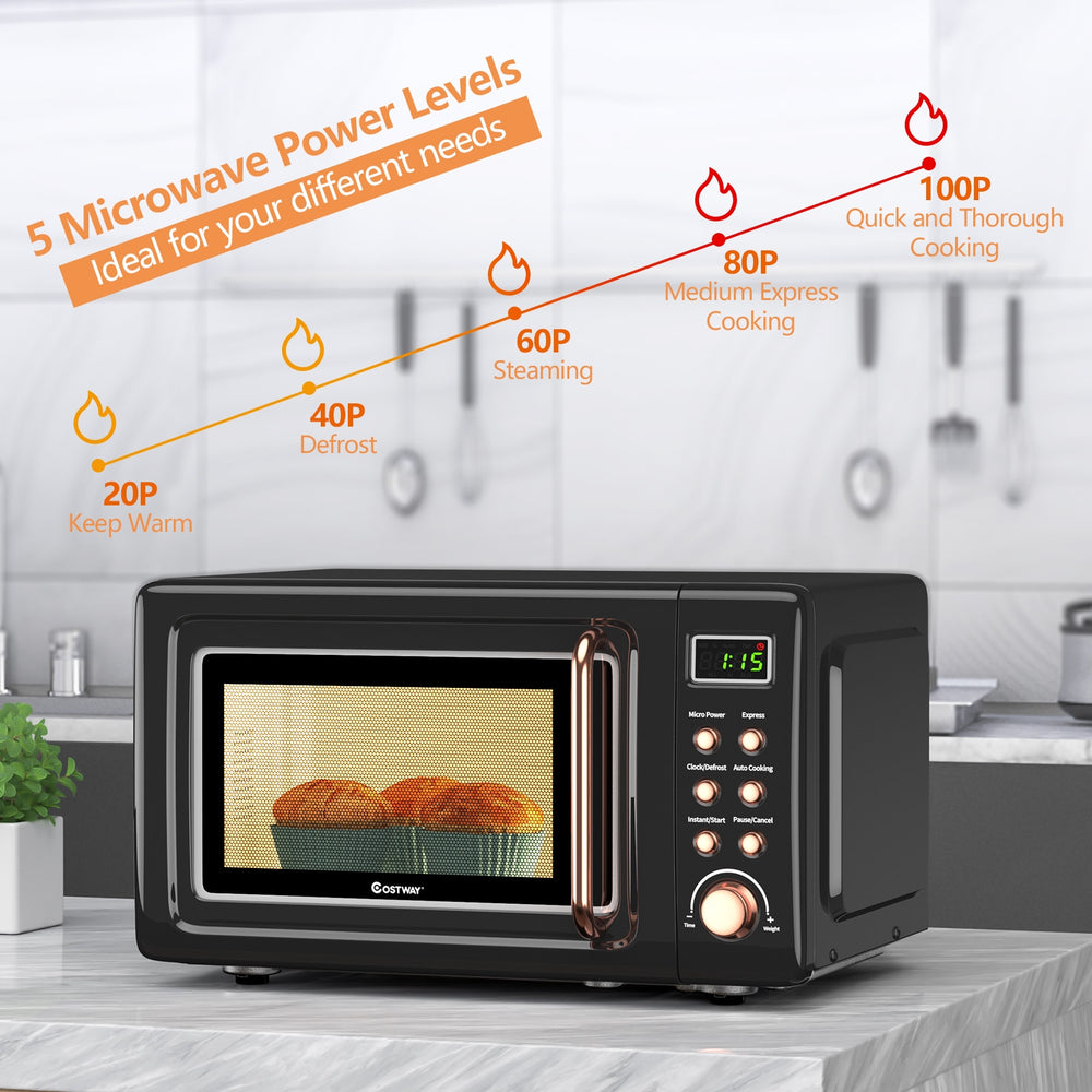 700W retro countertop microwave oven with 5 power levels and 360° rotating turntable, ideal for small spaces.