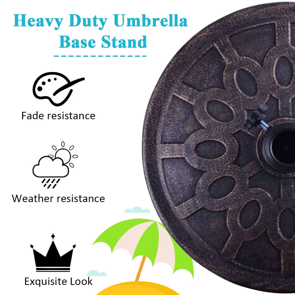 Heavy-duty 30lbs umbrella base with decorative bronze finish, weather-resistant for outdoor patio use.