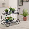 Two-tier heavy duty metal flower cart plant stand with curved handles, displaying potted plants indoors.