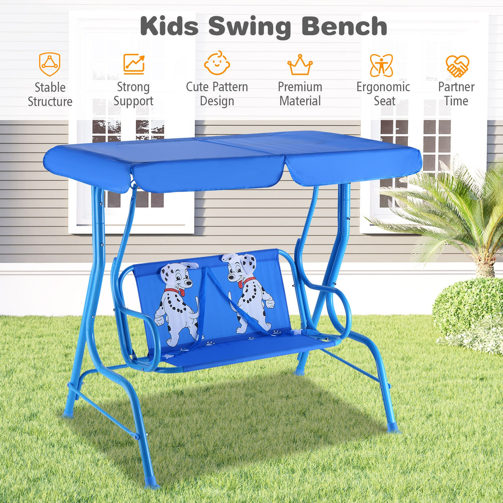 Kids swing bench with canopy in blue, featuring puppy pattern, sturdy metal frame, and safety seat belts for outdoor.