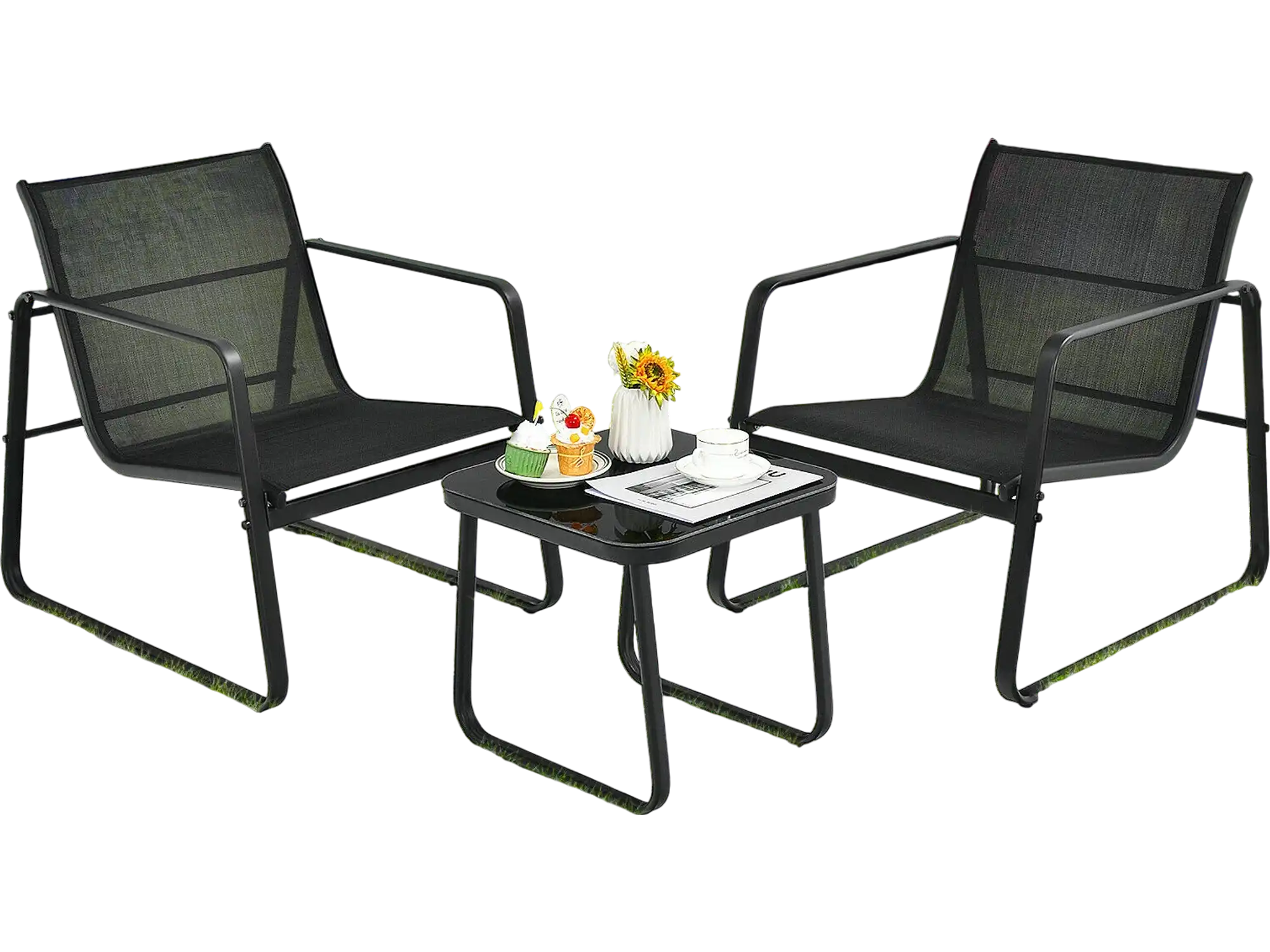 Costway 3-Pc Patio Bistro Furniture Set Glass Top Table Black 09473582 New