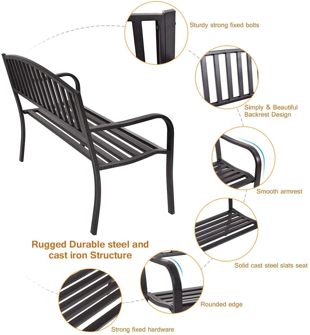 50-inch patio garden bench with ergonomic design, sturdy steel frame, and armrests, ideal for outdoor relaxation.