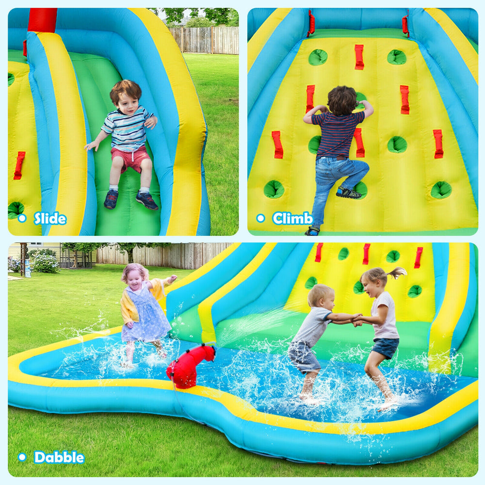 Kids enjoying the Inflatable Water Park Bounce House with double slide, climbing wall, and splash pool for summer fun.