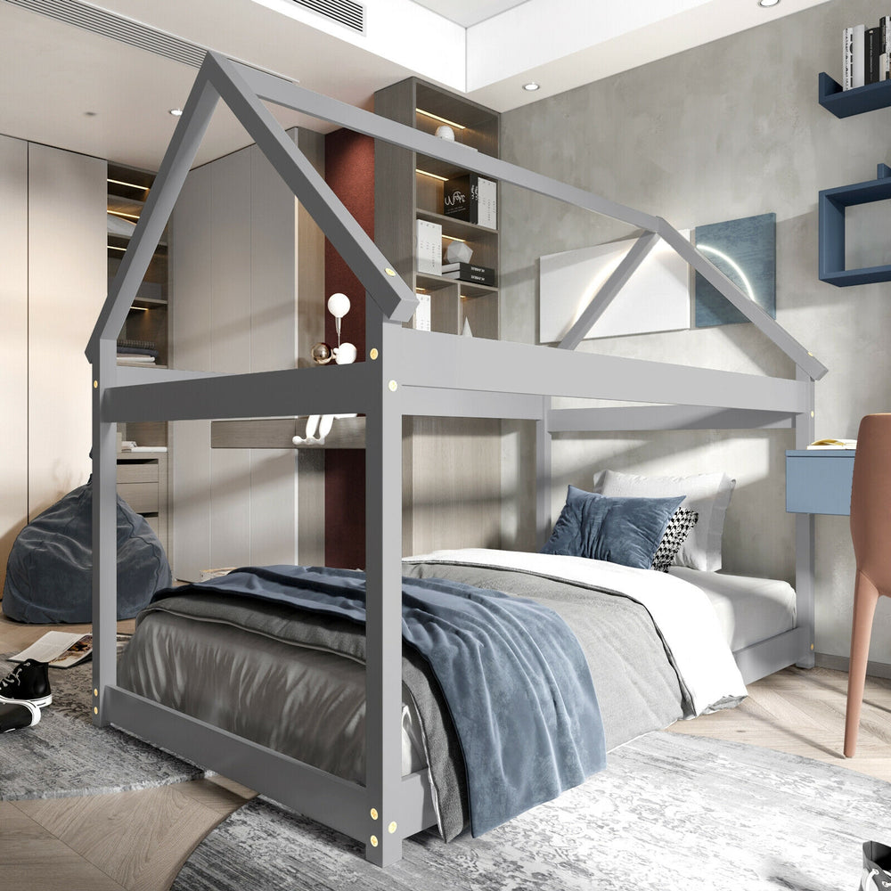 Gray kids platform floor bed with roof, showcasing a thickened frame and spacious design for playful bedroom aesthetics.