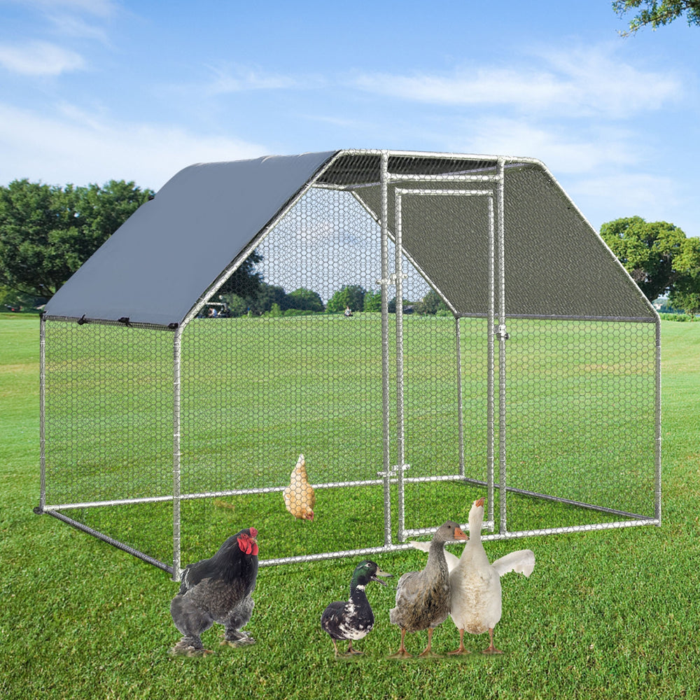 Large walk-in chicken run cage with galvanized frame and PVC coated mesh, perfect for outdoor use in your backyard.