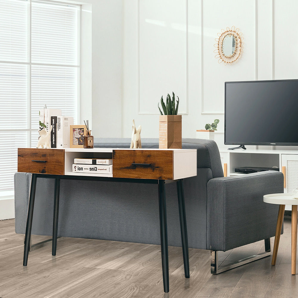 42-inch industrial console table with two drawers, featuring a sleek design for entryway or hallway storage.