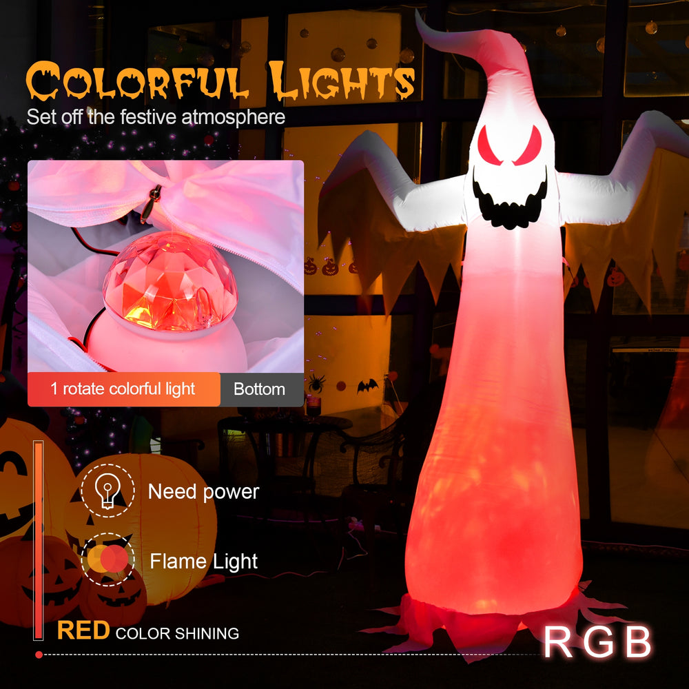 8-foot Halloween inflatable ghost with rotatable flame LED lights, featuring a scary expression for festive decoration.