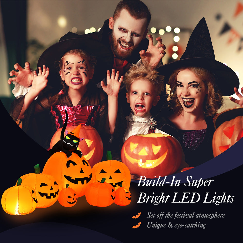7.5 feet inflatable pumpkin combo with witch and black cat, featuring bright orange LED lights for festive outdoor.