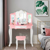 Kids pink vanity table and stool set with tri-folding mirror, drawer, and star patterns for fun and practical use.