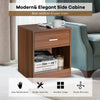 Brown nightstand with storage drawer and open compartment, perfect for bedside or living room use, featuring sturdy.